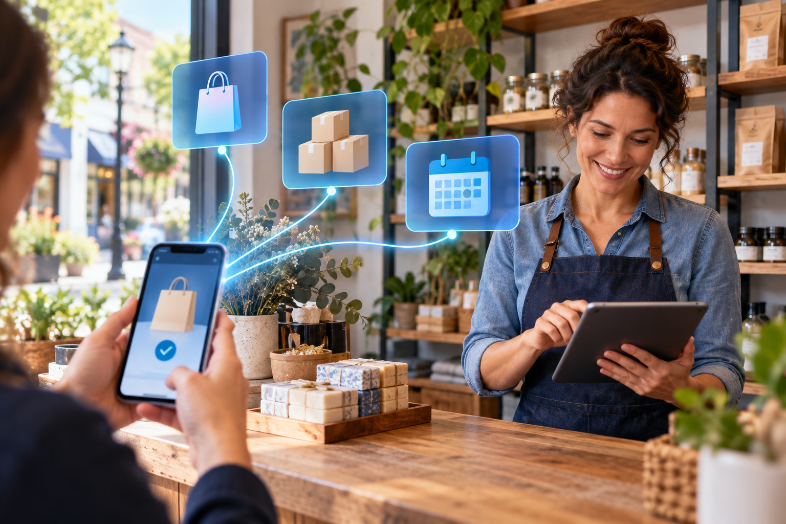 A customer’s phone connects shopping, stock, and scheduling with a small-business owner’s tablet.