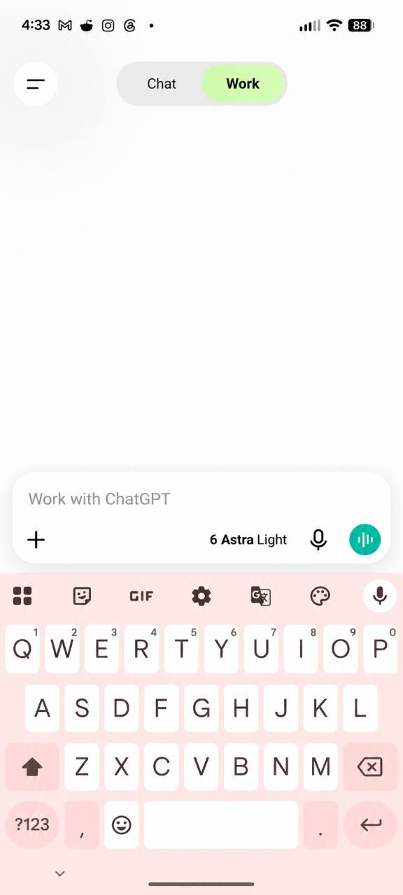 ChatGPT mobile interface with Work selected instead of Chat