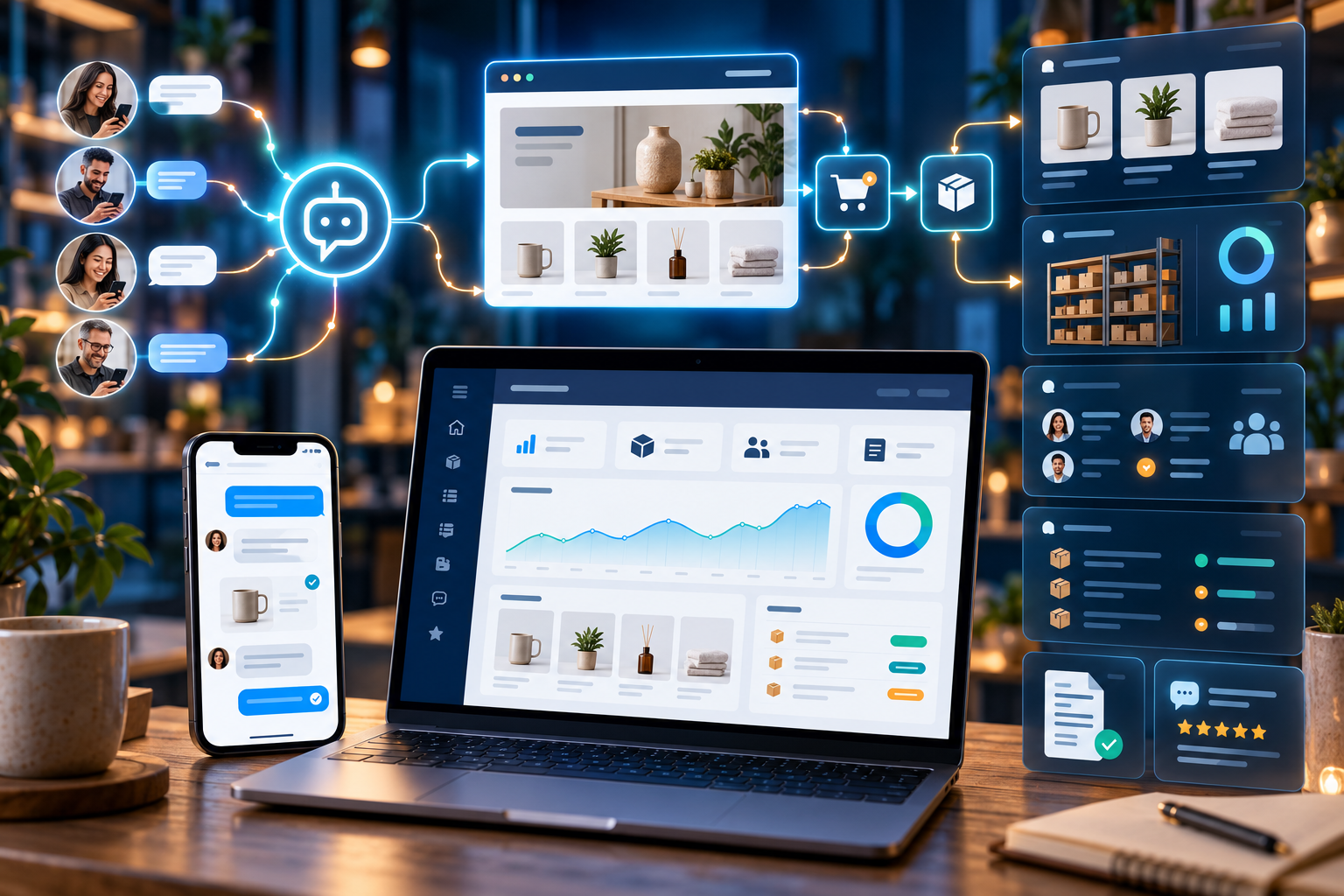 A business website connected to customer conversations, products, and management tools