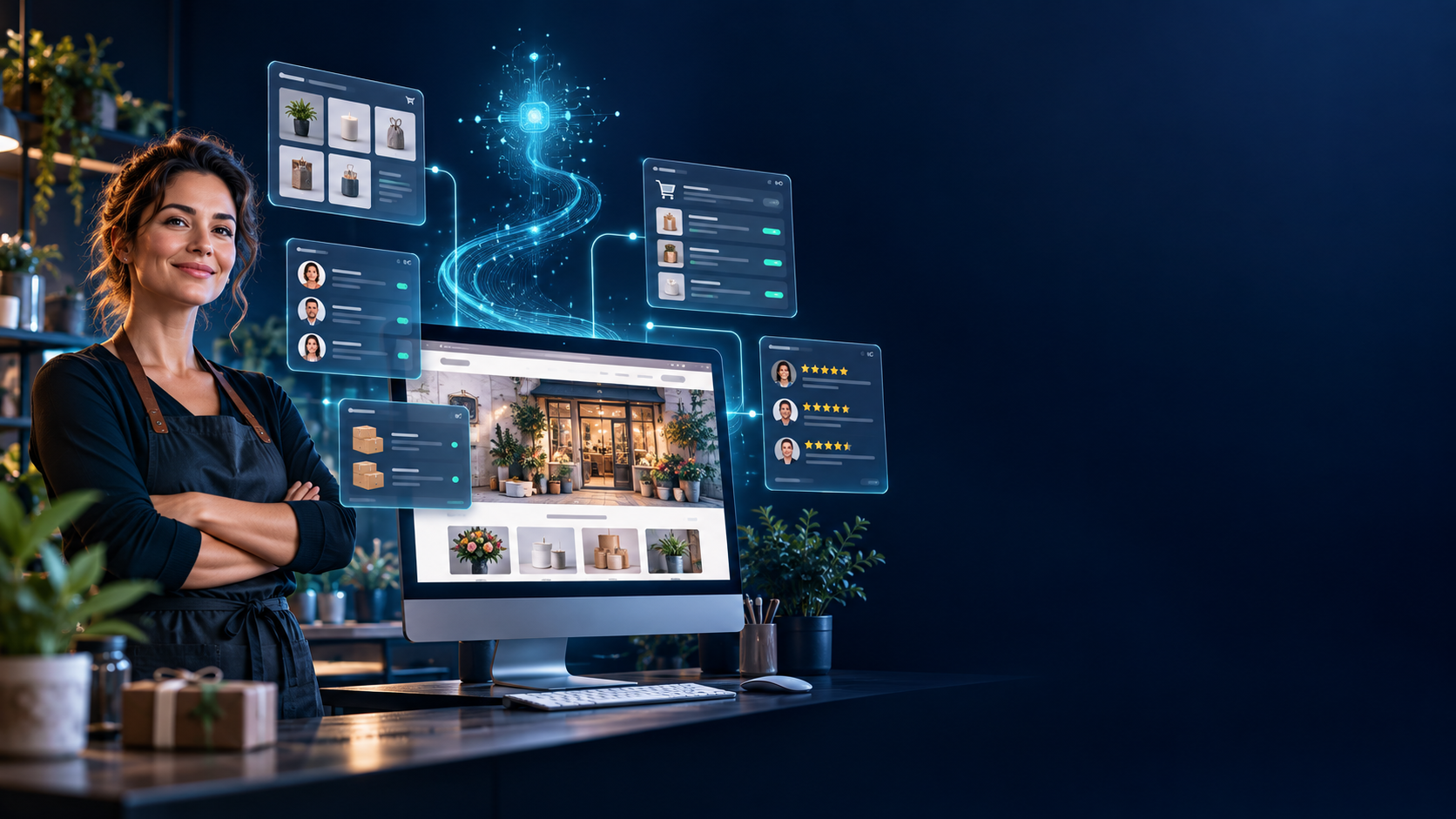 A business owner beside a website and digital tools
