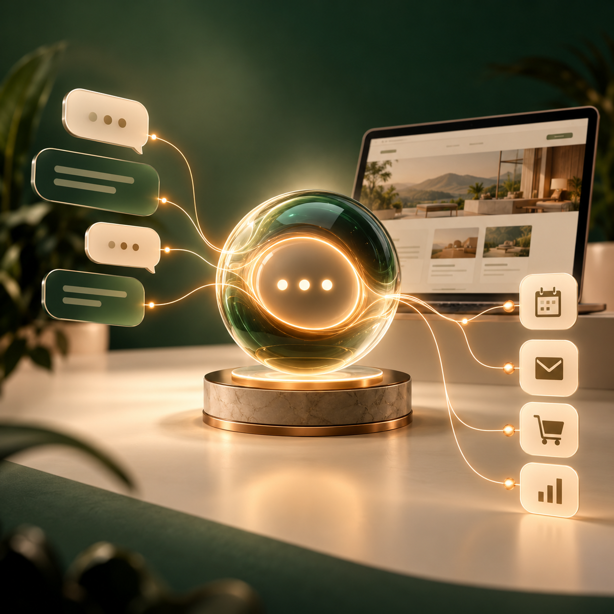 A glowing AI concierge connects a business website with customer conversations and actions