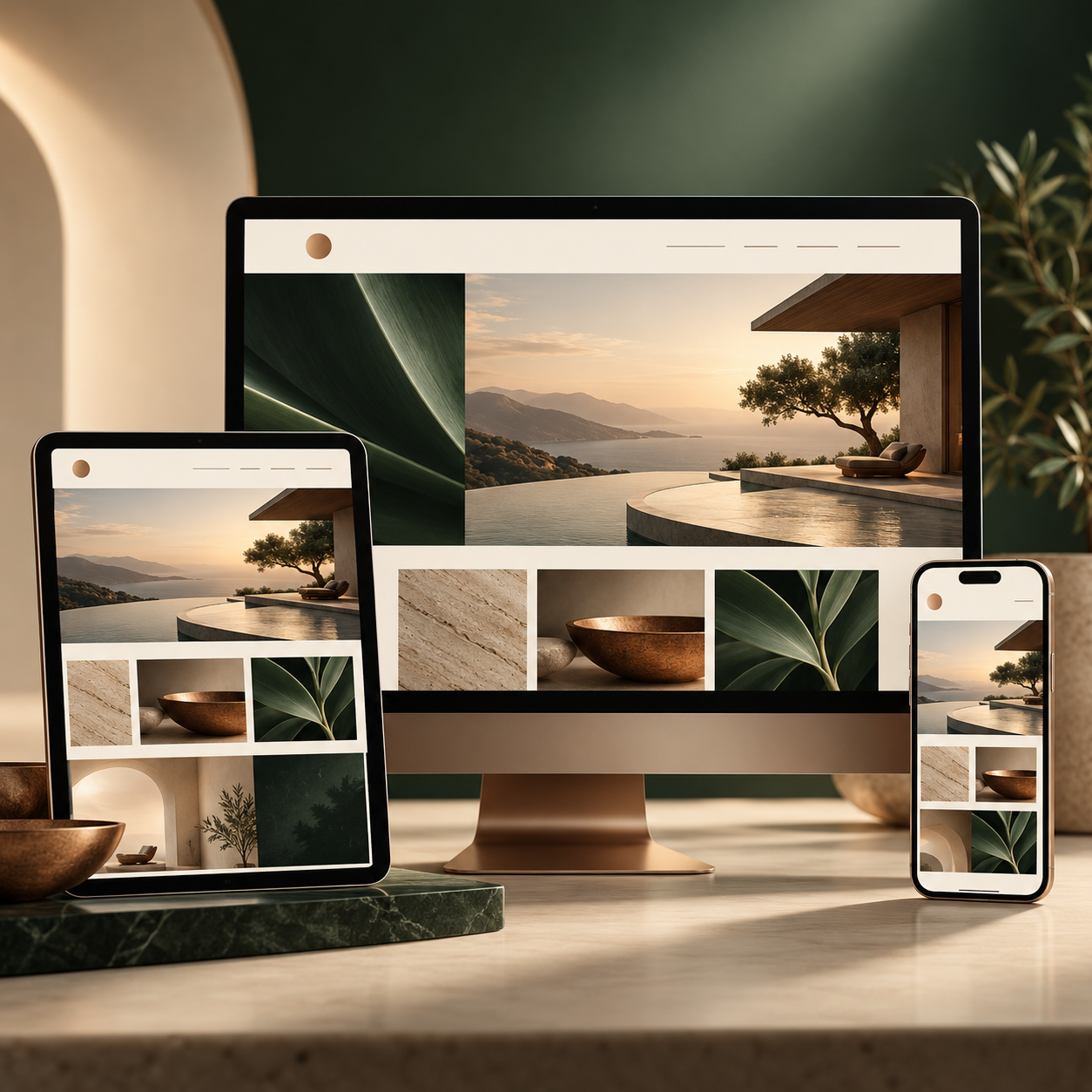 A coordinated business website displayed on a desktop, tablet, and phone