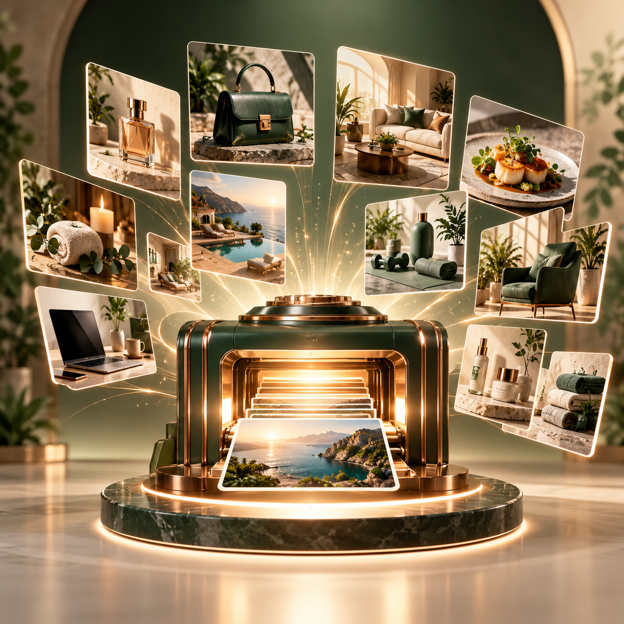 Website imagery and pages emerging from a creative workspace
