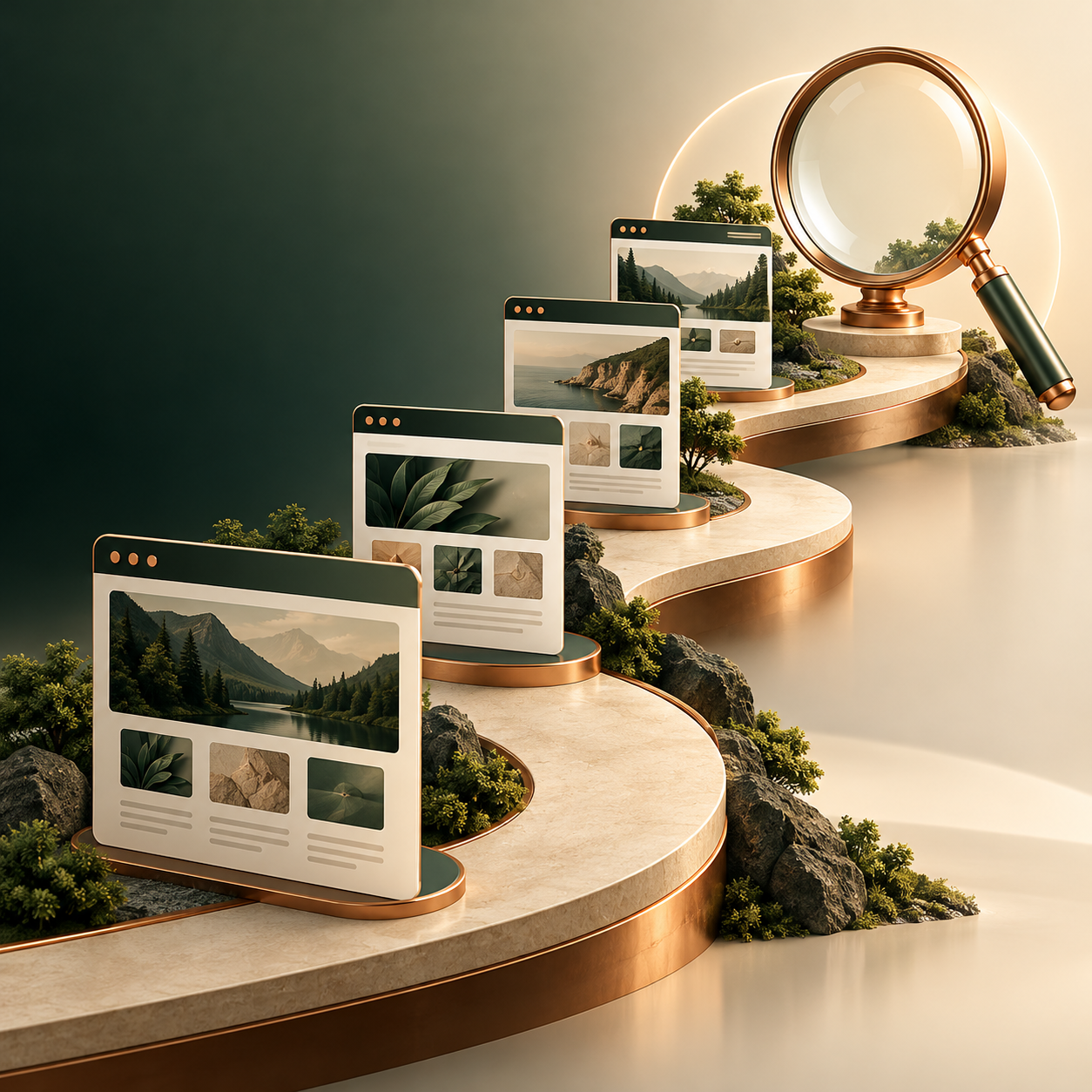 Business website pages arranged along a path toward discovery