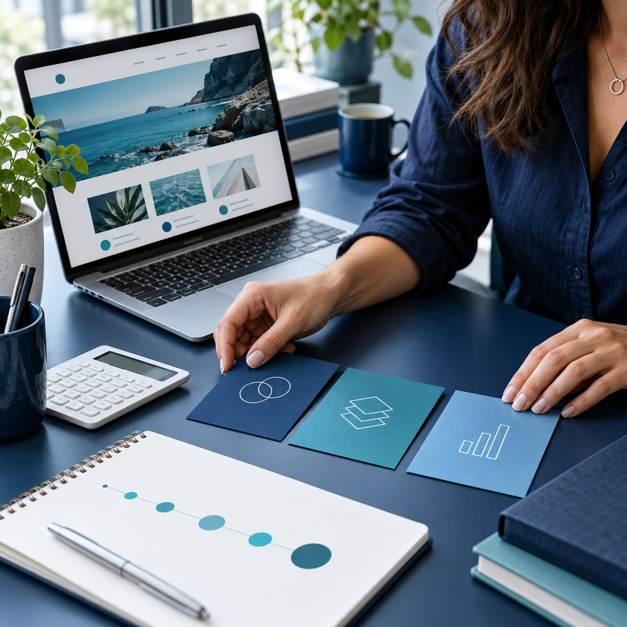 A business owner planning a website with a laptop, calculator, and organized project cards