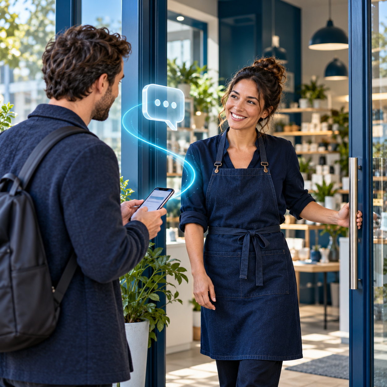 A business owner welcoming a customer using an AI assistant at the storefront entrance