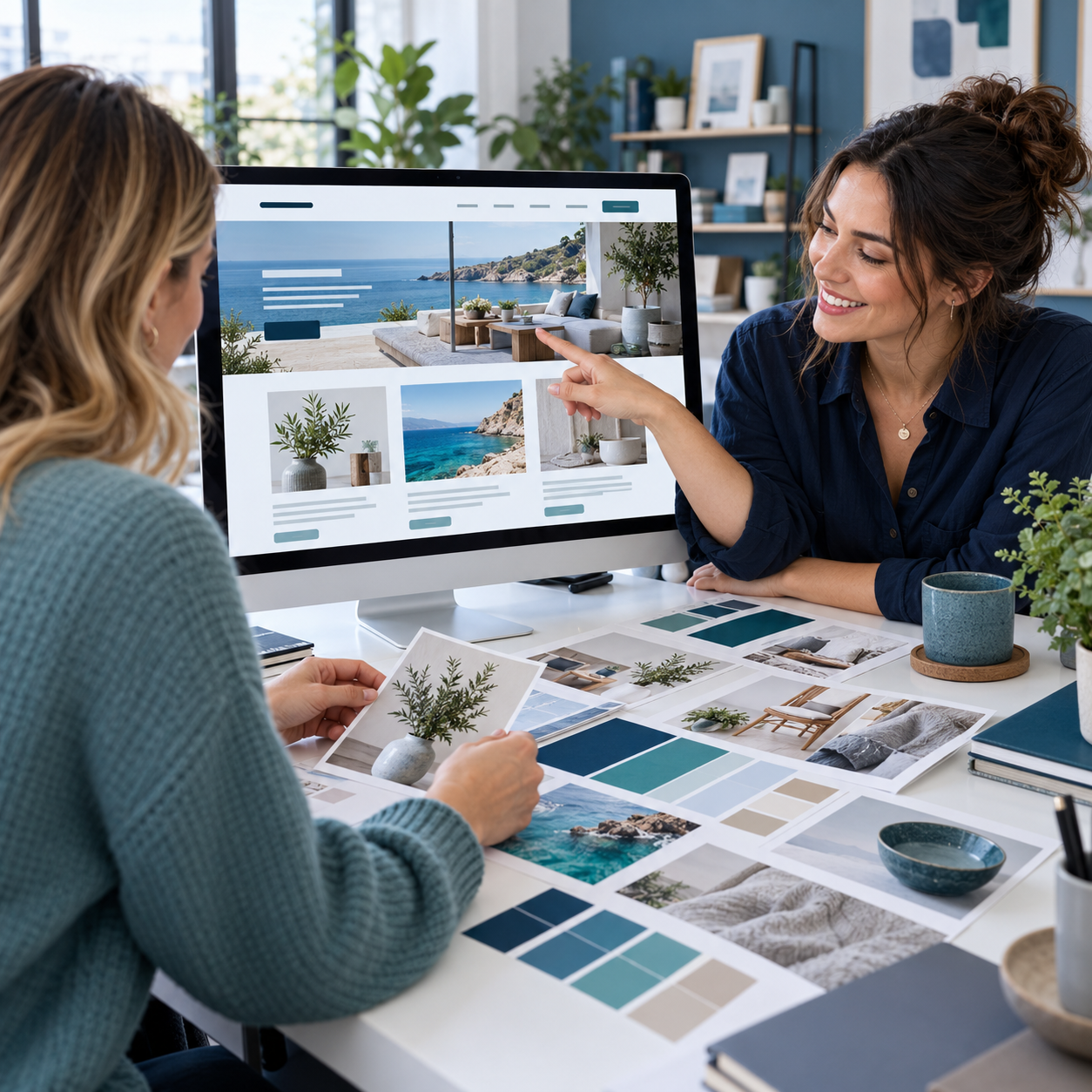 A business owner and designer developing a website from visual ideas without programming