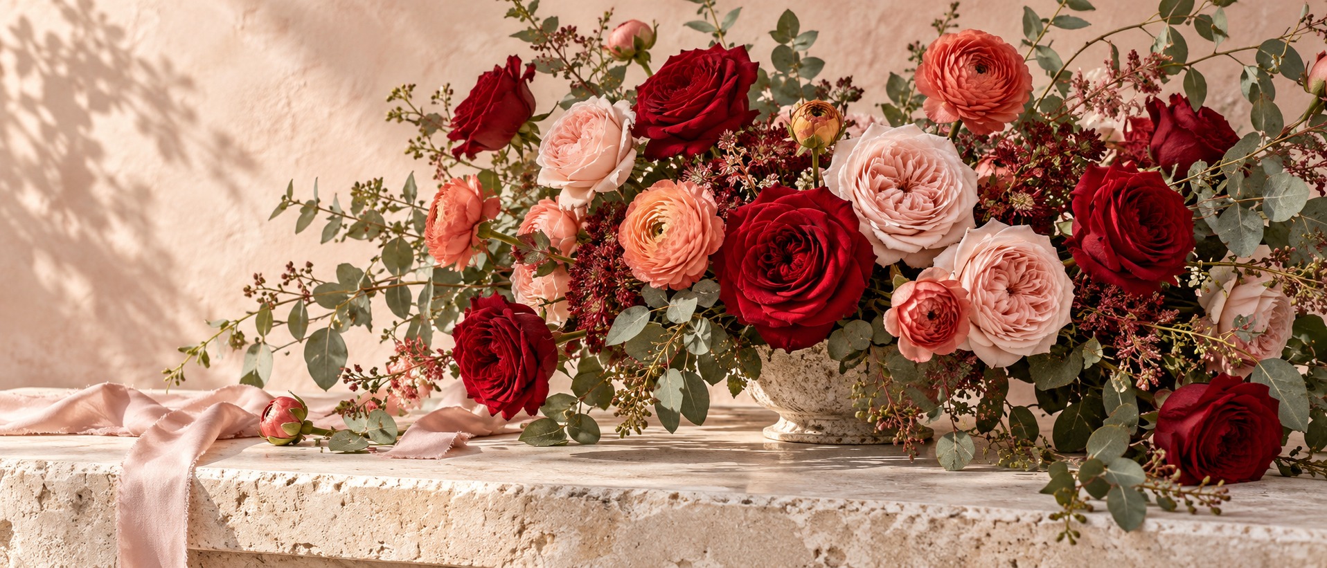 Lush red and blush roses in a romantic floral arrangement