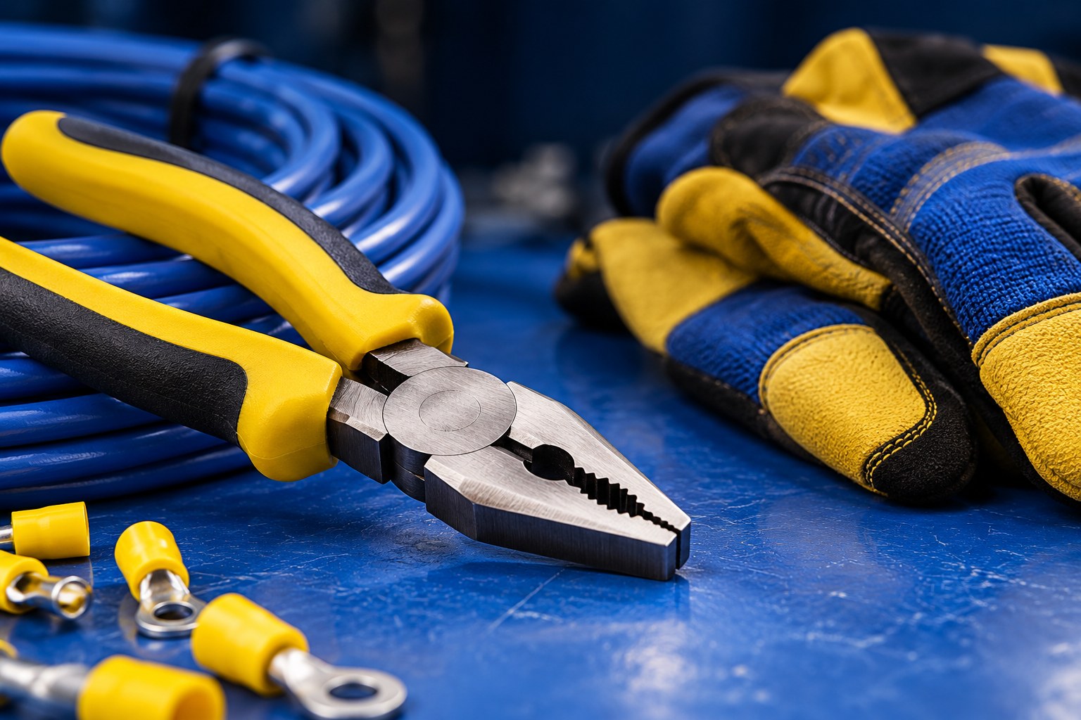 Insulated tools and blue cable, illustrative electrical photography