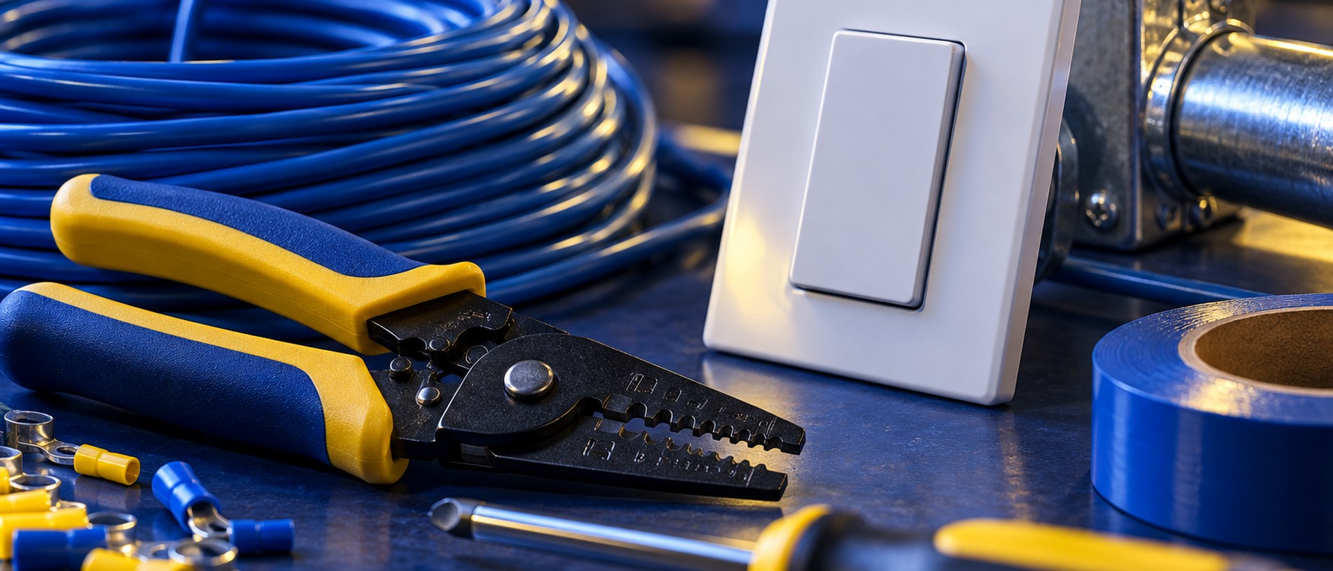 Blue and yellow electrical tools on a workbench, illustrative photography
