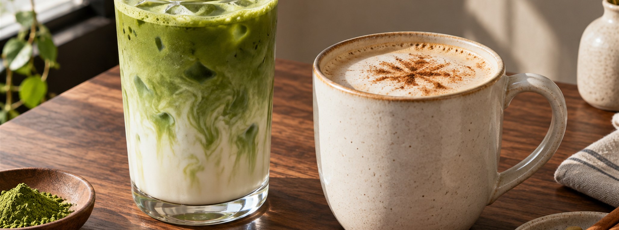 earthy matcha and warmly spiced chai served hot or iced presented in Elura’s warm café style