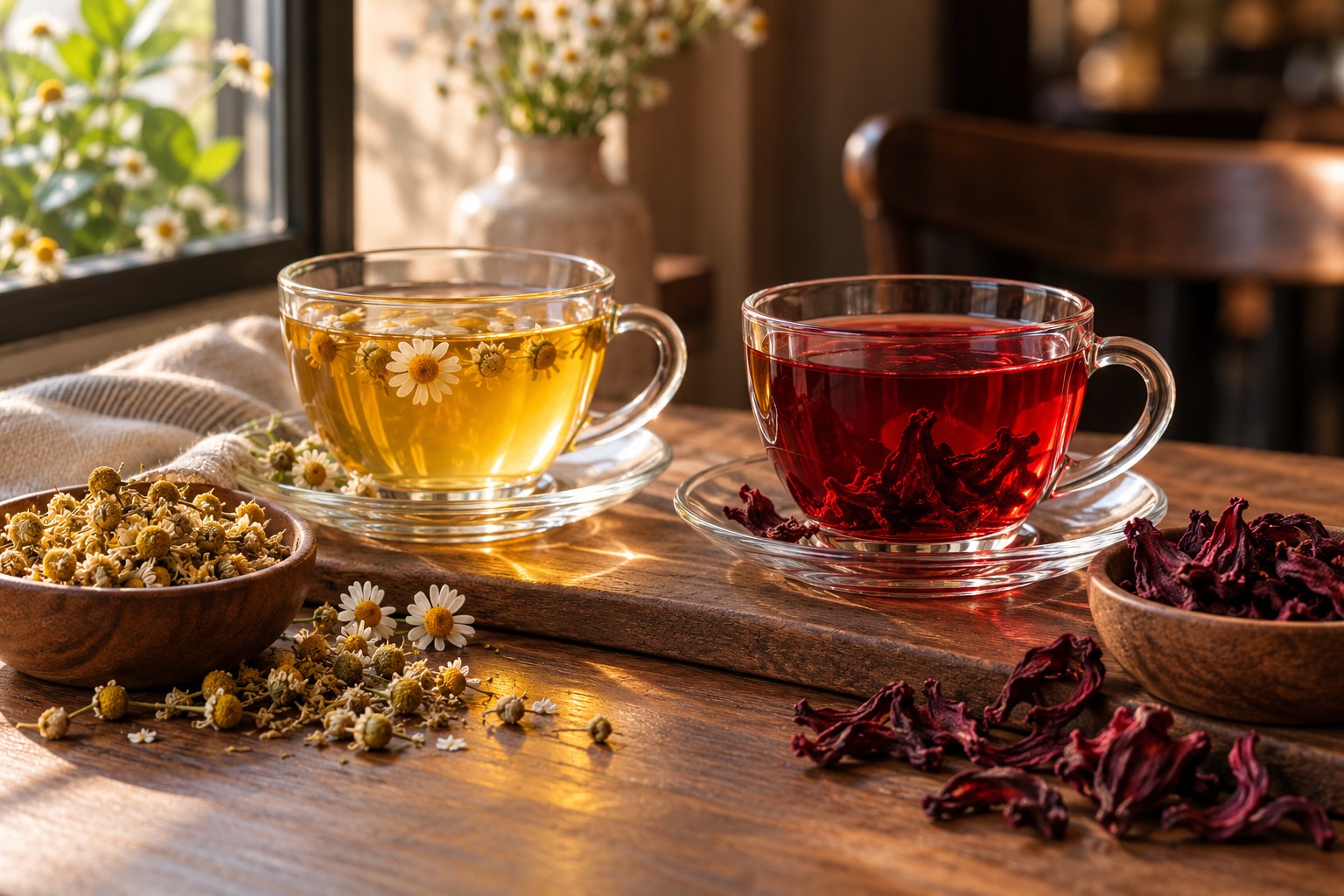 Chamomile And Hibiscus Offer Contrast — illustrative café photography