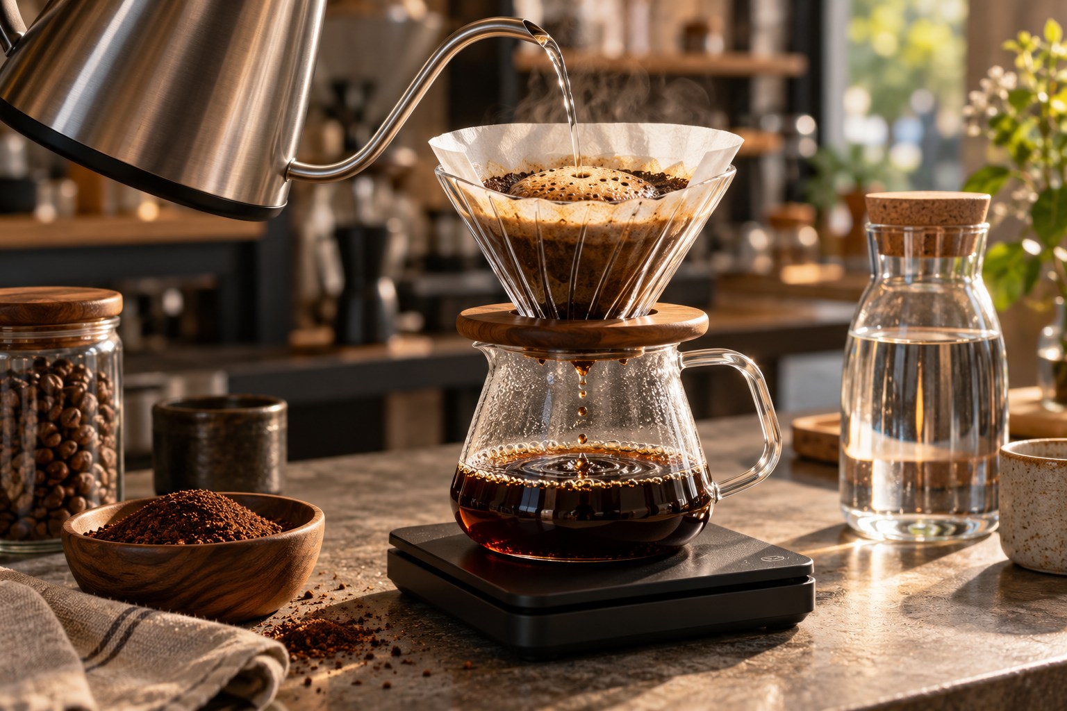 Water, Grind And Extraction — illustrative café photography