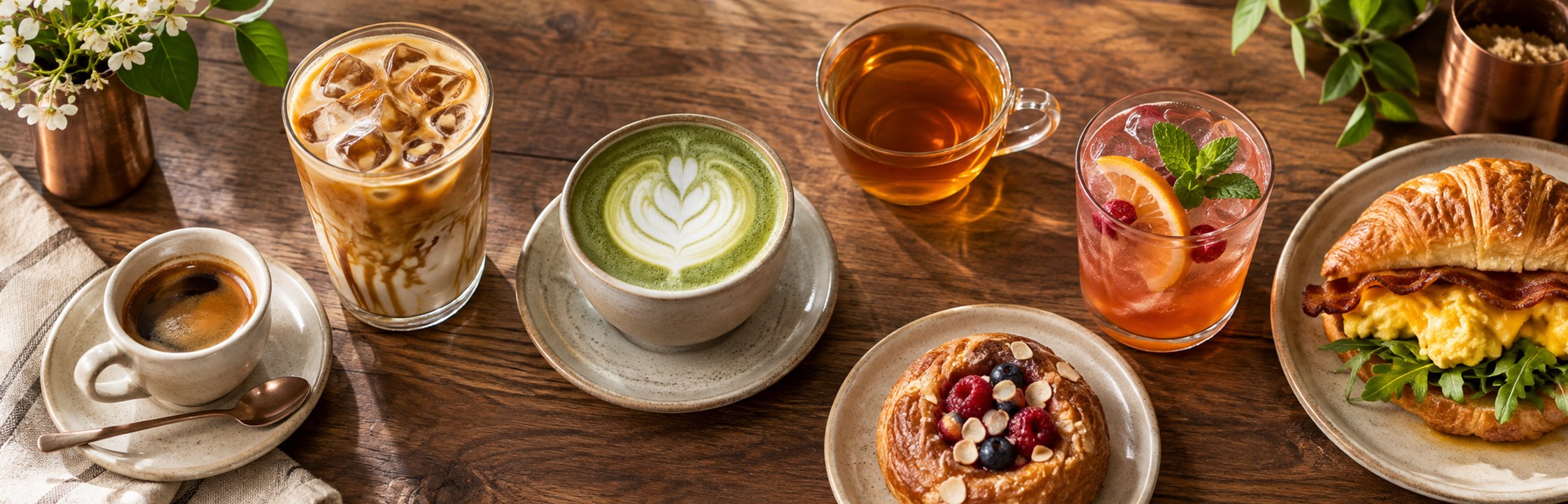 Espresso, iced coffee, matcha, tea, refresher and breakfast choices arranged on a cafe table