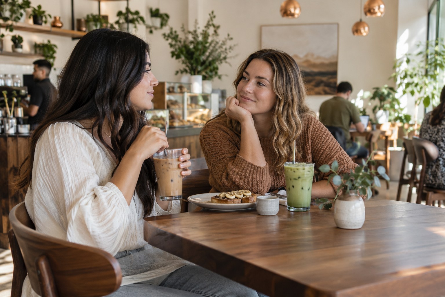 Friends enjoying iced coffee, matcha and a breakfast bite in a neighborhood cafe