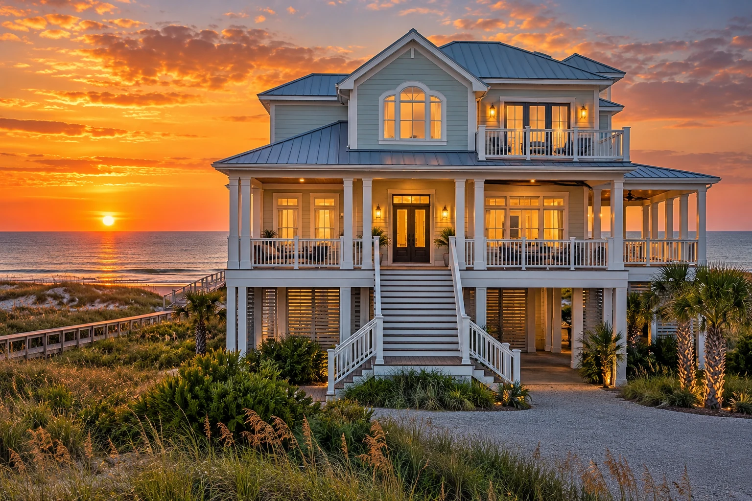 Galveston beach home at sunset — illustrative real estate image
