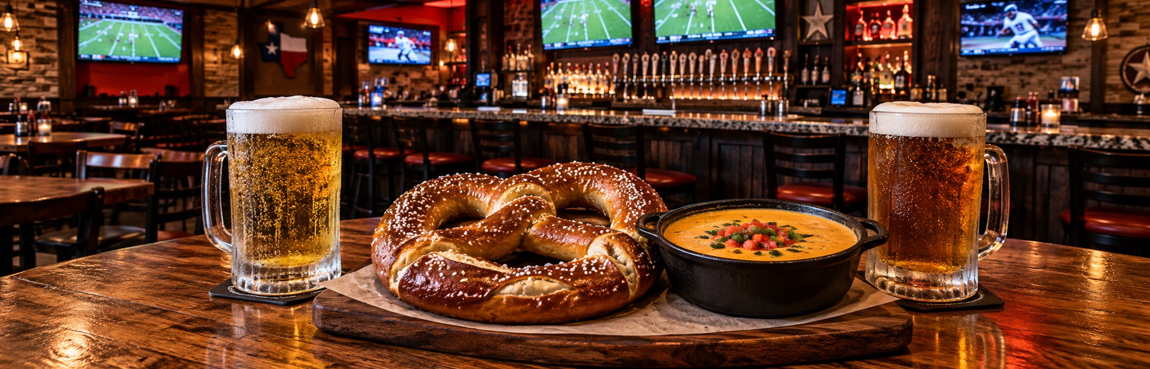 Cold beer and a jumbo pretzel on an oak sports-bar table