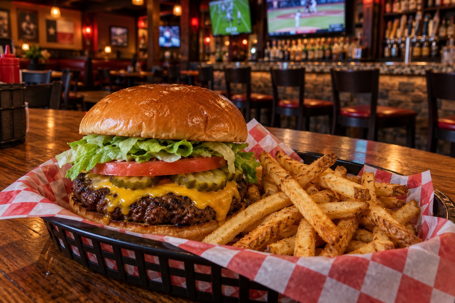 A friendly sports bar with oak tables and game screens