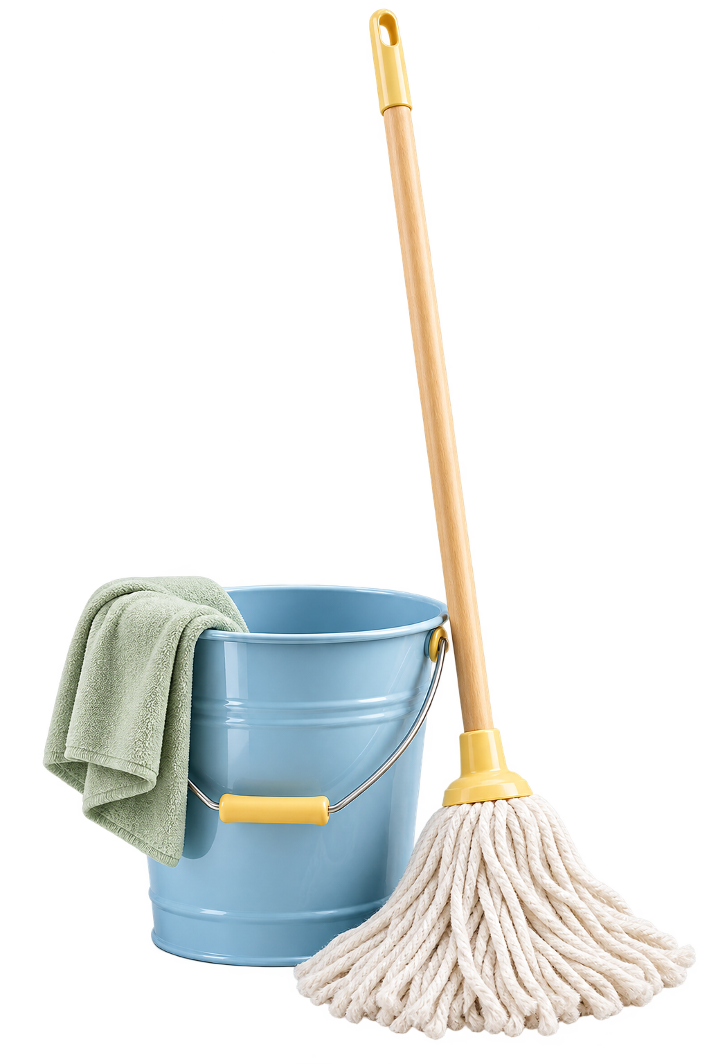 A sky blue bucket and cotton mop — illustrative cleaning image