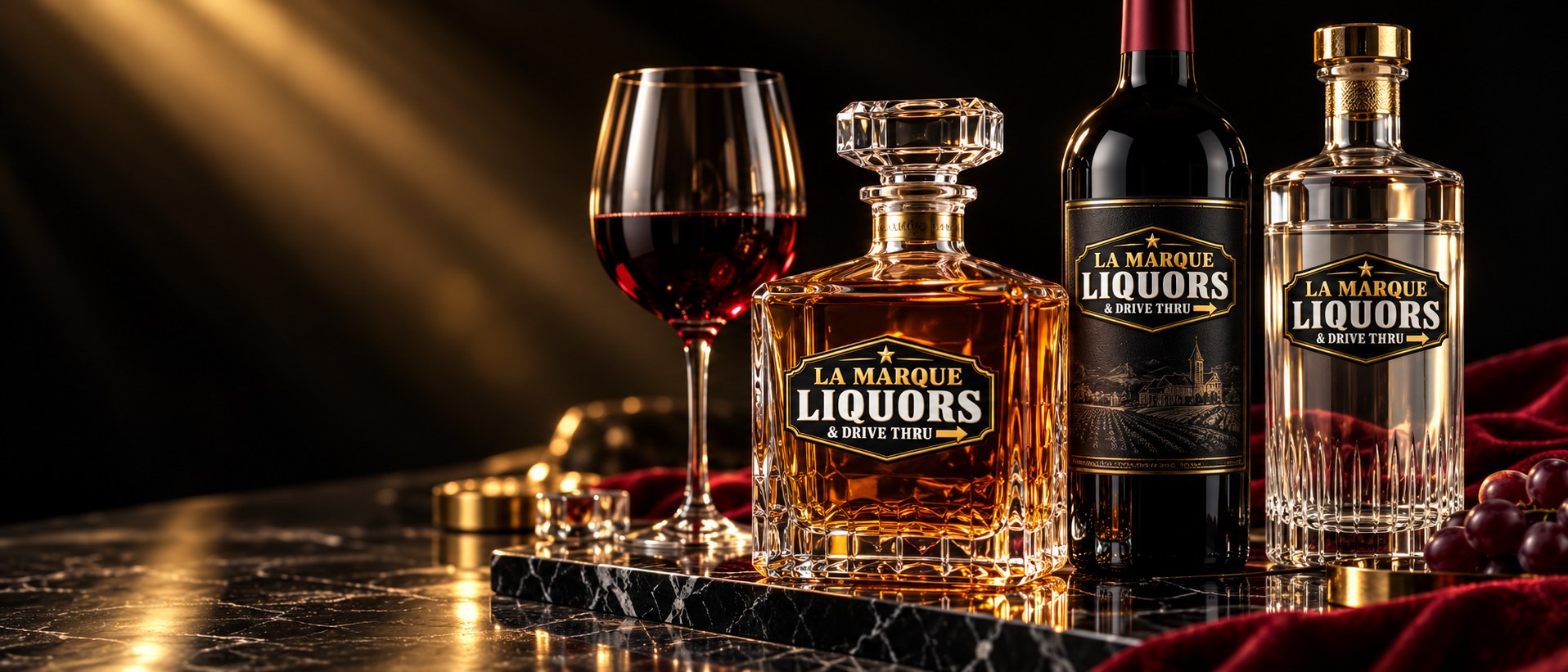 La Marque branded bottles in a dramatic gold-lit still life — illustrative artwork