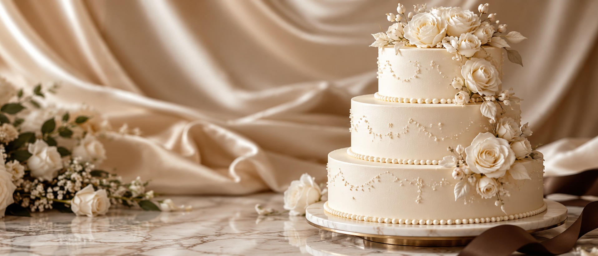 An ivory wedding cake with delicate pearls and sugar roses — illustrative bakery photography
