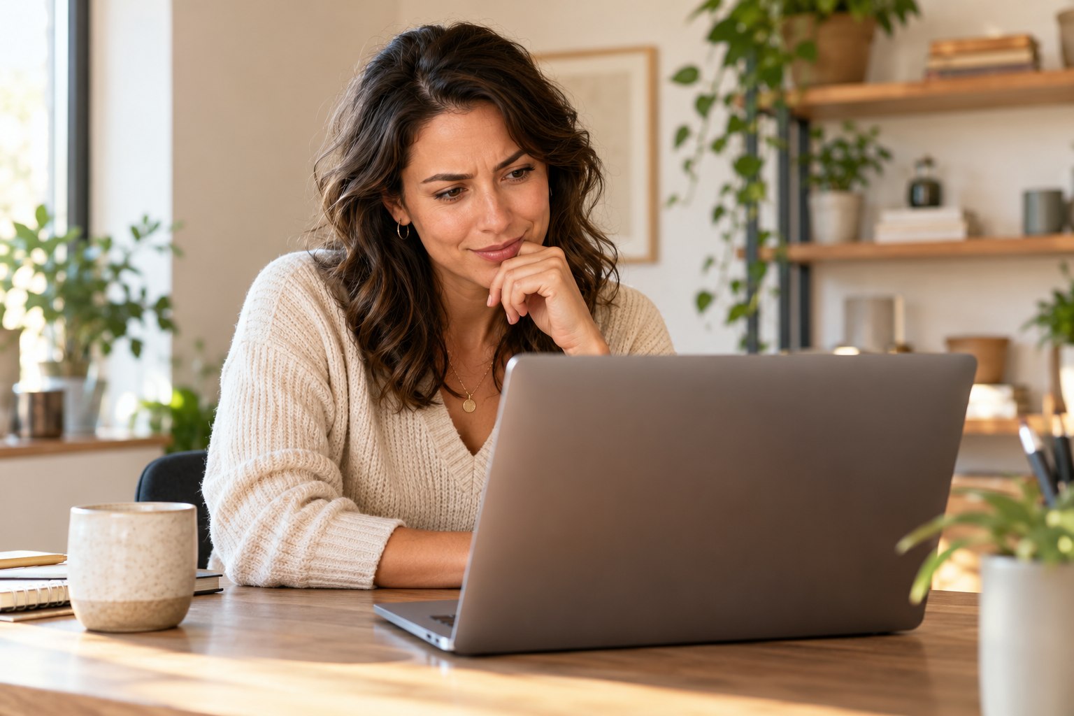 A business owner looking inquisitively at her laptop.